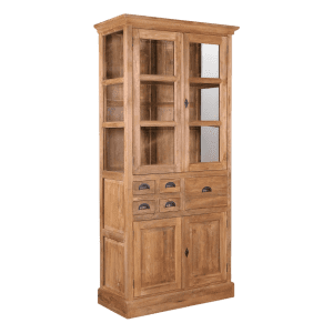 Handcrafted Solid Teak Wood Display Cabinet with Glass Doors and Drawers