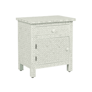 Handcrafted Bone Inlay Geometric Bedside Table – Mint Green & White Floral Petal Design