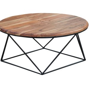 Solid Wood Round Coffee Table with Geometric Metal Base