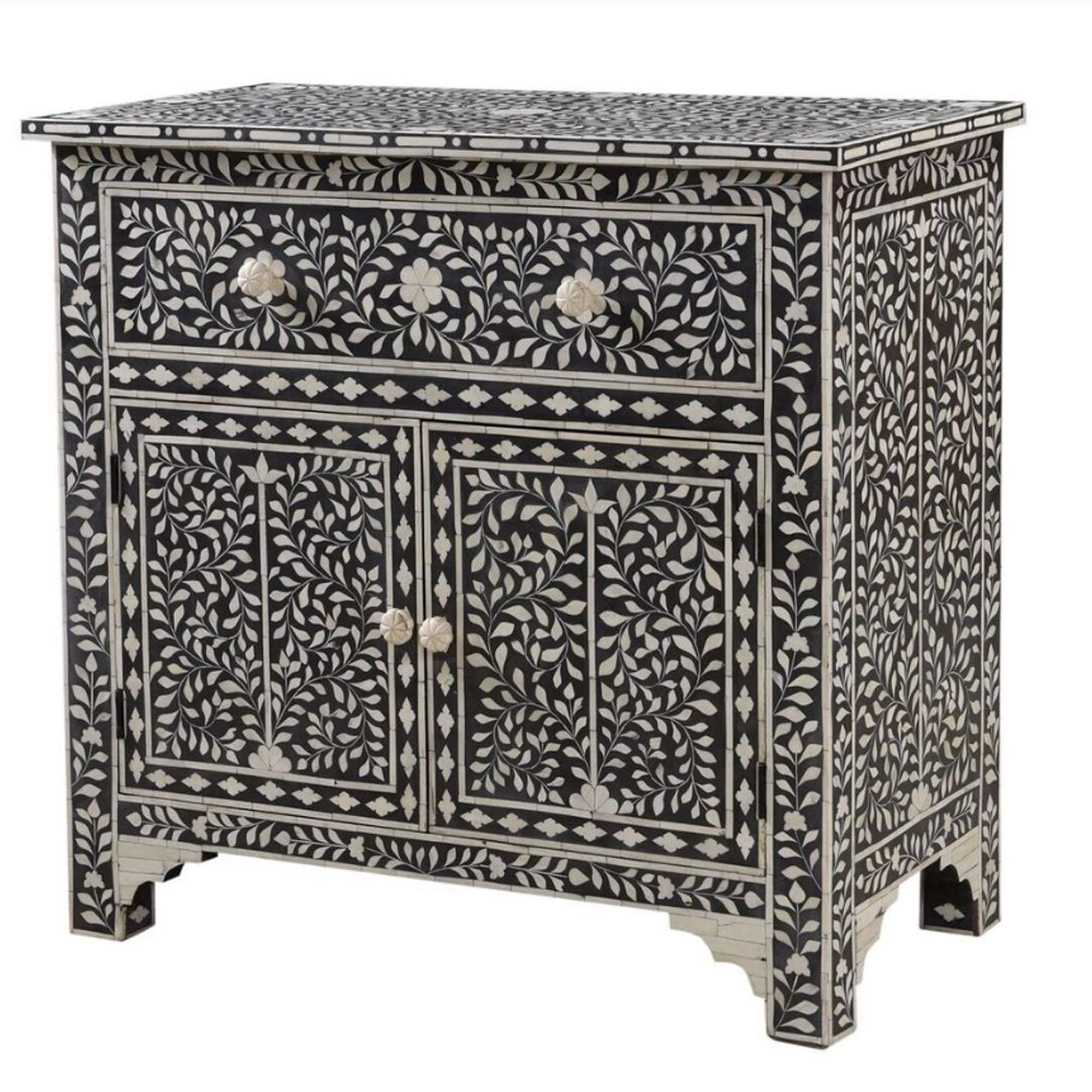Handcrafted Black Floral Bone Inlay Cabinet with Drawer