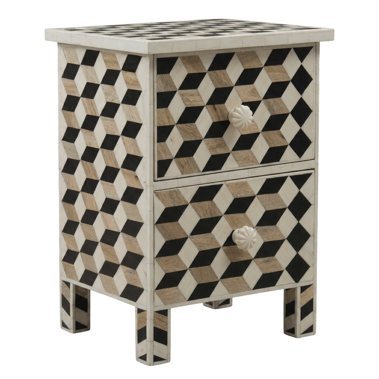 Handcrafted 3D Geometric Bone Inlay 2-Drawer Nightstand