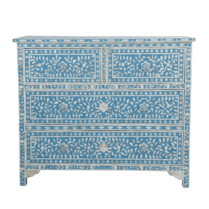 Artisanal Bone Inlay 4-Drawer Dresser – Azure Blue Floral Vine Chest of Drawers