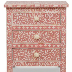 Floral Bone Inlay 3-Drawer Bedside Table – Terracotta Pink