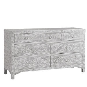 Handcrafted Floral Bone Inlay 7-Drawer Dresser – Pearl Grey