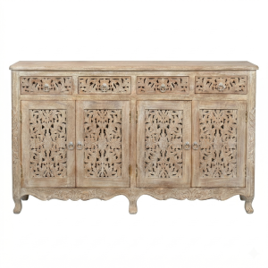 Hand-Carved Botanical Solid Wood 4-Door Sideboard Buffet