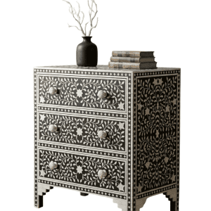 Handcrafted Botanical Bone Inlay 3-Drawer Chest – Black & White