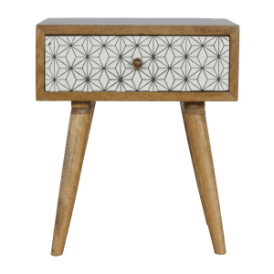 Mid-Century Modern Wood Nightstand with Geometric Patterned Drawer