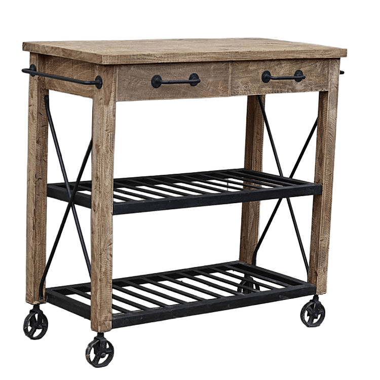 Rustic Industrial Solid Wood & Metal Rolling Kitchen Island Cart