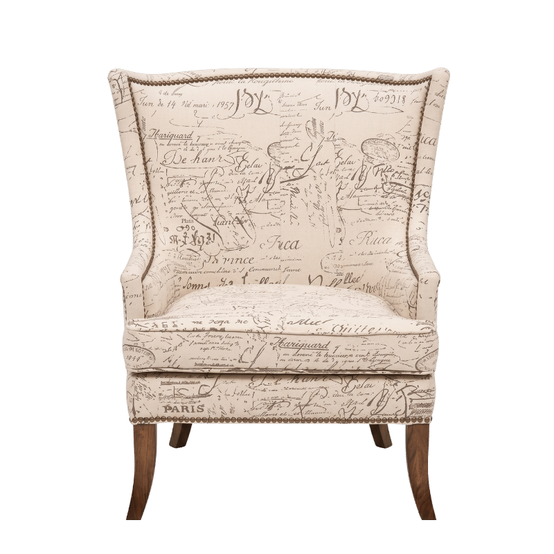 French Provincial Script Accent Chair with Dark Wood Legs