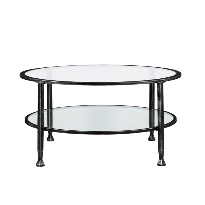 Round Glass Coffee Table with Black Metal Frame – Two-Tier Design