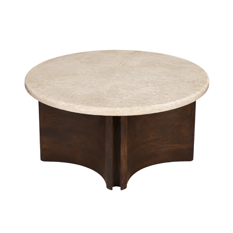 Marble Top Round Coffee Table with Sculpted Wooden Base – Luxury Modern Center Table