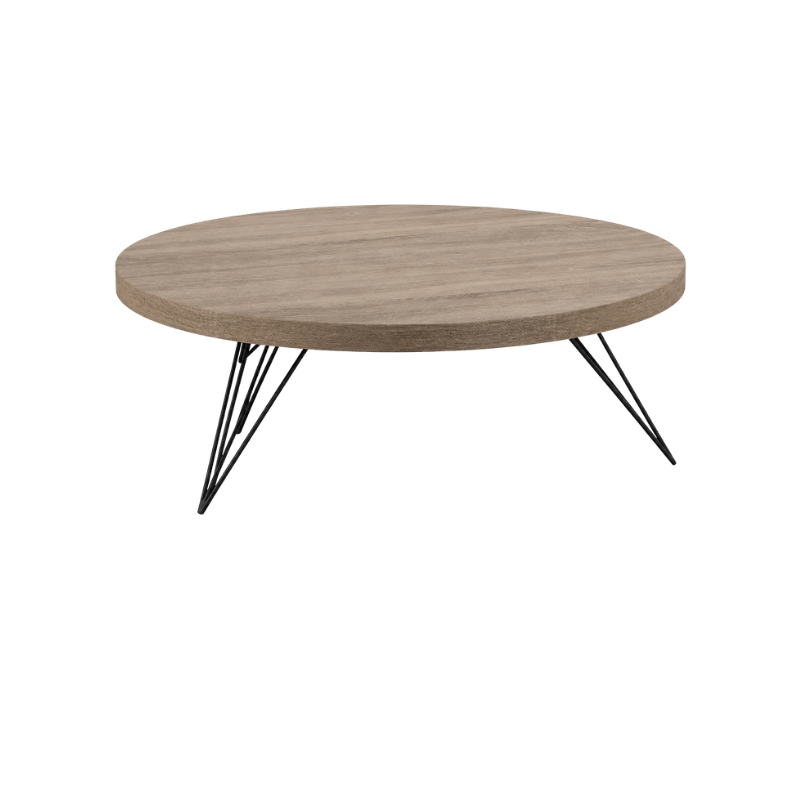 Modern Round Wood Coffee Table with Black Hairpin Metal Legs