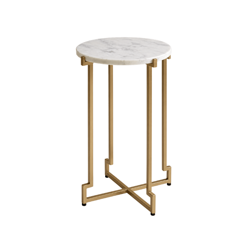 Elegant Round White Marble Pedestal Side Table with Gold Geometric Base