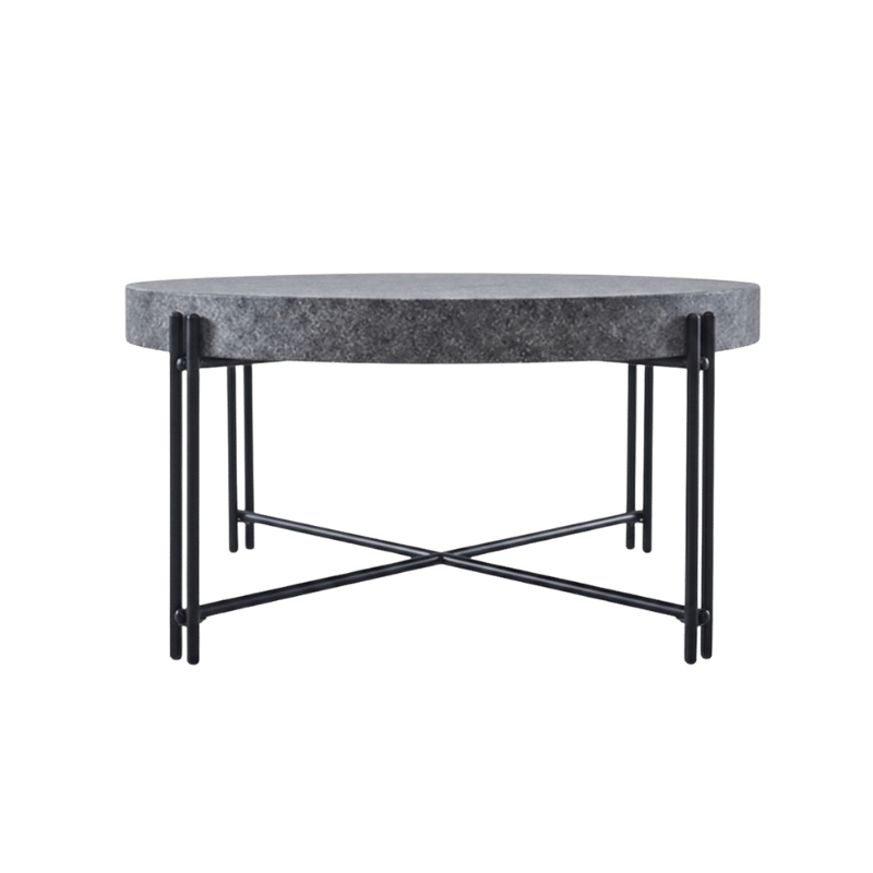 Modern Industrial Round Coffee Table with Grey Stone-Texture Top and Black Cross-Base