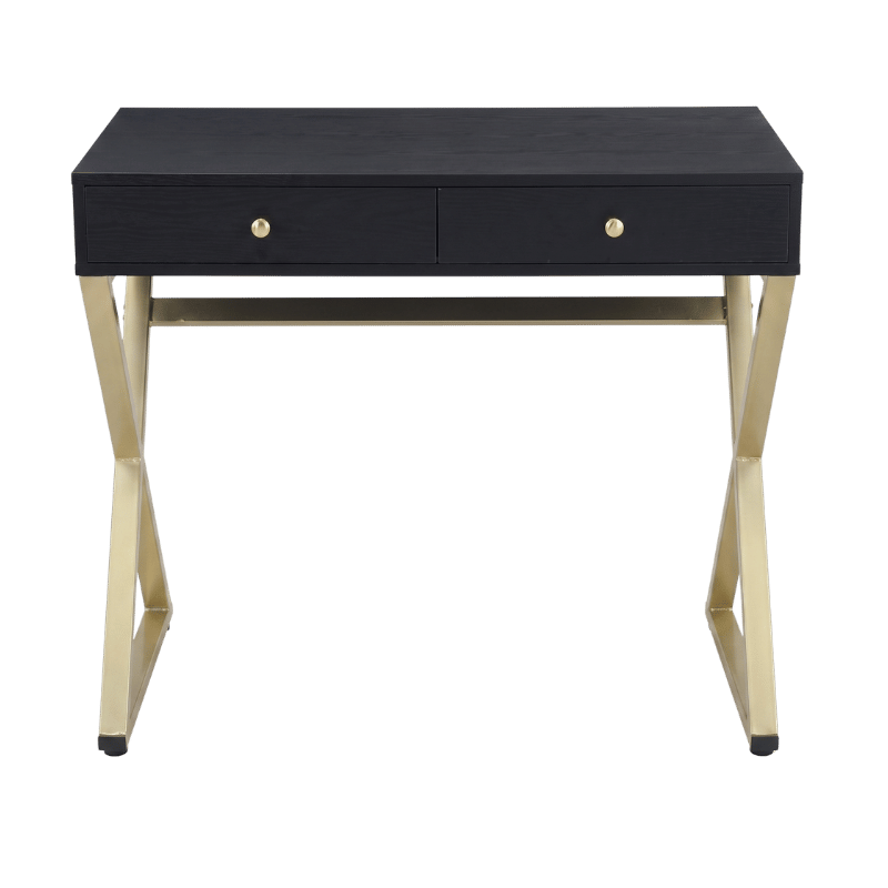 Modern Black Writing Desk with Gold Metal Legs – 2 Drawer Storage Table