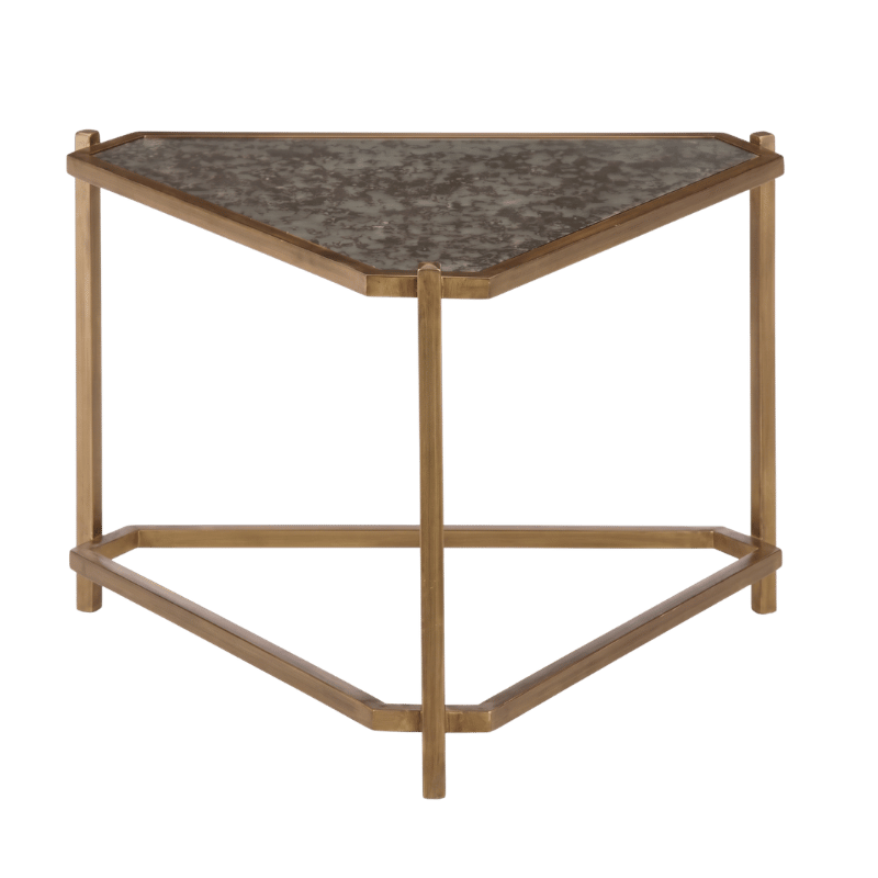 Triangular Corner Side Table with Distressed Mirror Top & Brass Frame