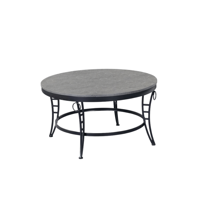 Outdoor Round Coffee Table with Stone Top and Black Metal Frame – Patio & Garden Table