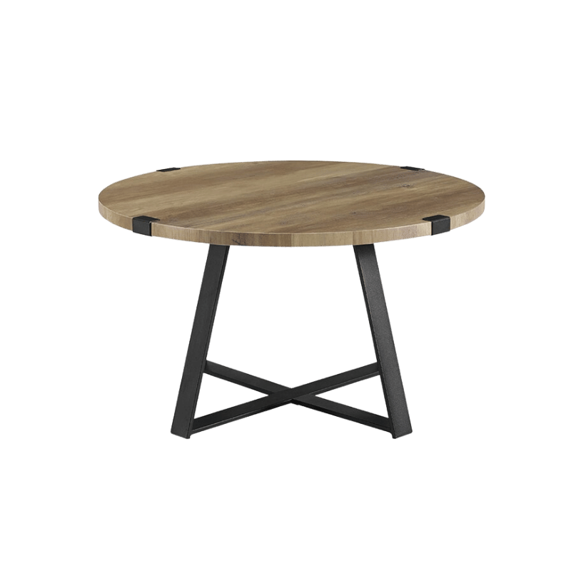 Modern Round Wood Coffee Table with Black Metal Base