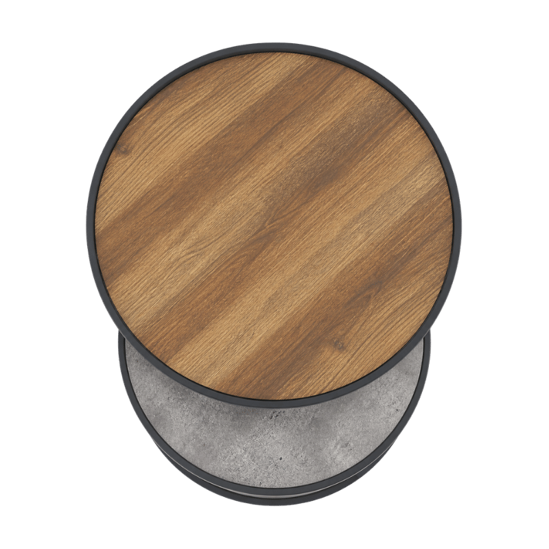 Modern Two-Tier Round Coffee Table – Wood & Concrete Finish with Black Metal Frame - Image 3