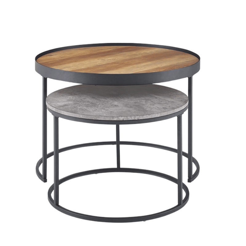 Modern Two-Tier Round Coffee Table – Wood & Concrete Finish with Black Metal Frame