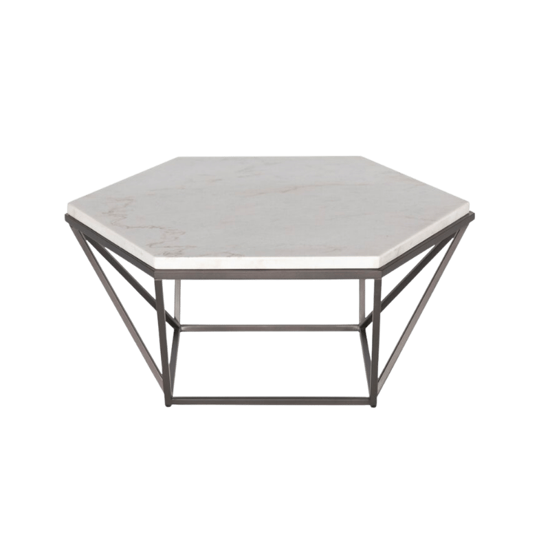 Modern Hexagonal Marble Coffee Table with Geometric Metal Base