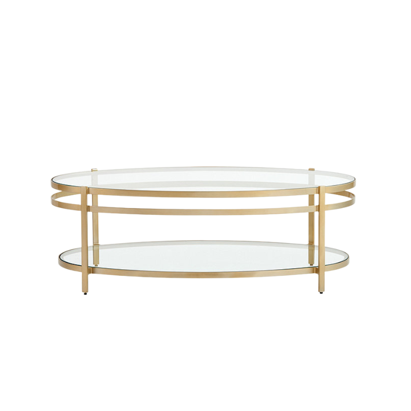 Oval Glass Coffee Table with Gold Metal Frame & Lower Shelf