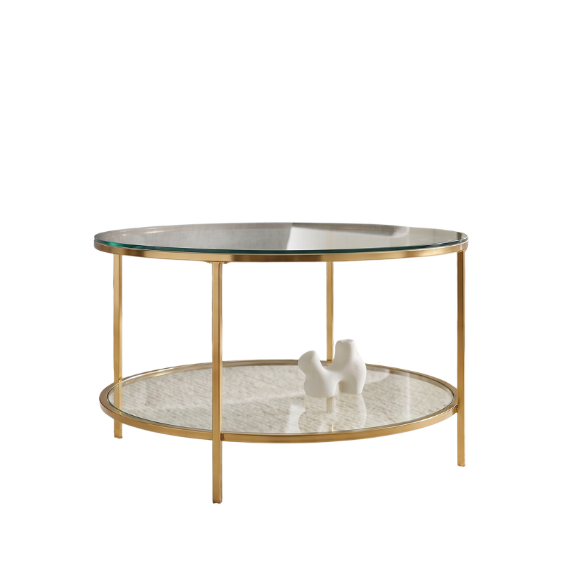 Luxury Gold Finish Round Glass Coffee Table with Double Shelf