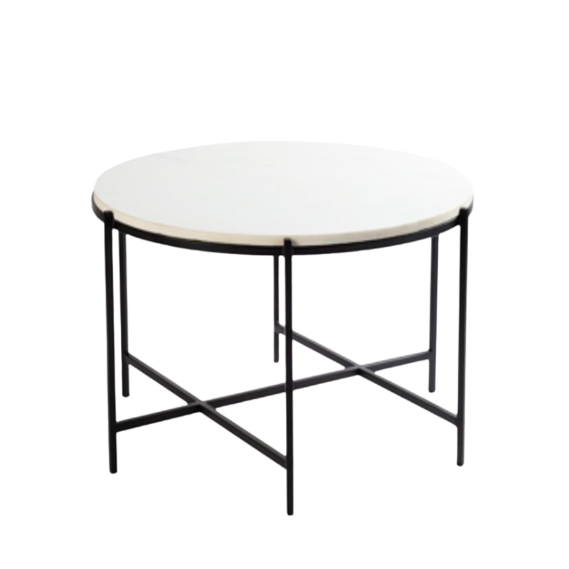 Modern Round White Coffee Table with Black Metal Frame