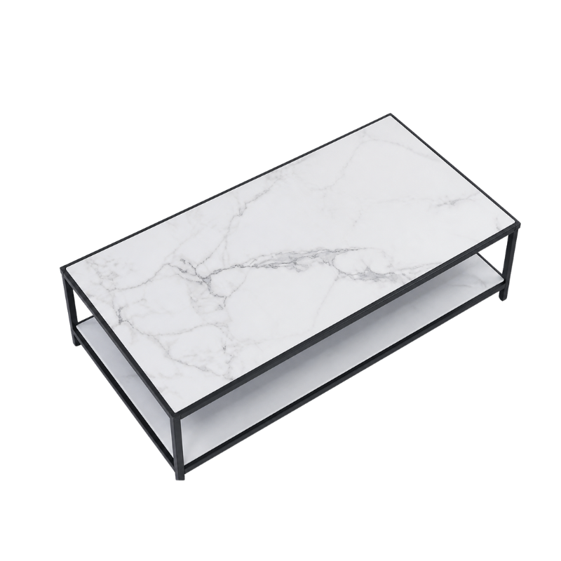 Modern Marble Finish Coffee Table with Black Metal Frame
