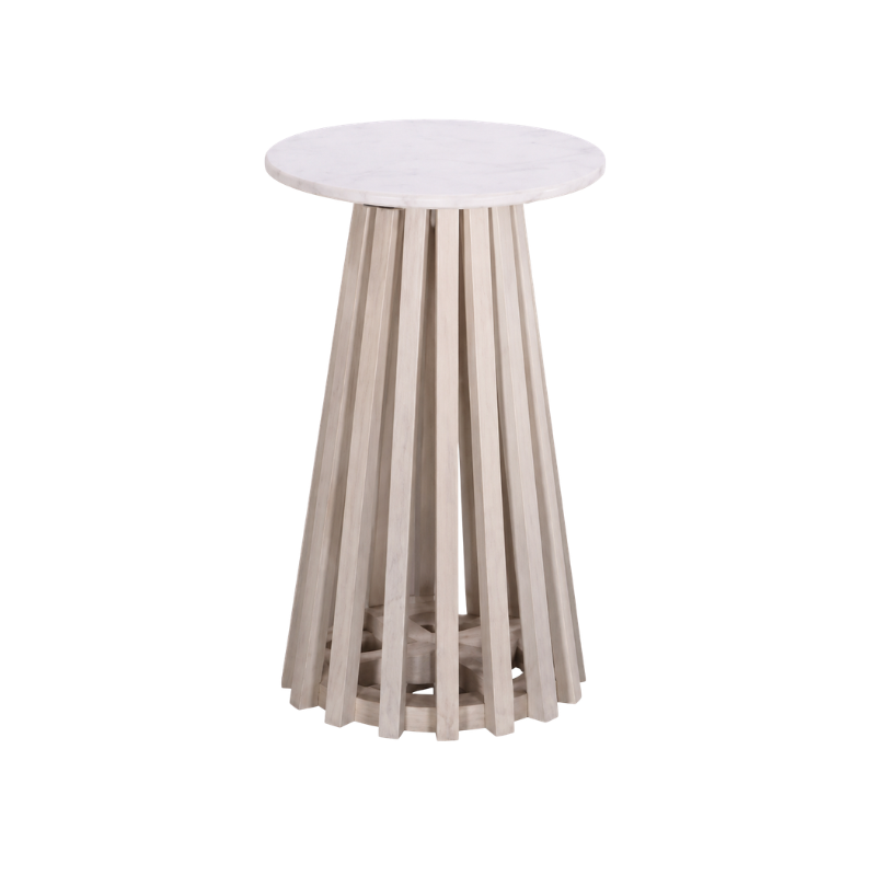 Modern Marble Top Pedestal Side Table with Wooden Slatted Base