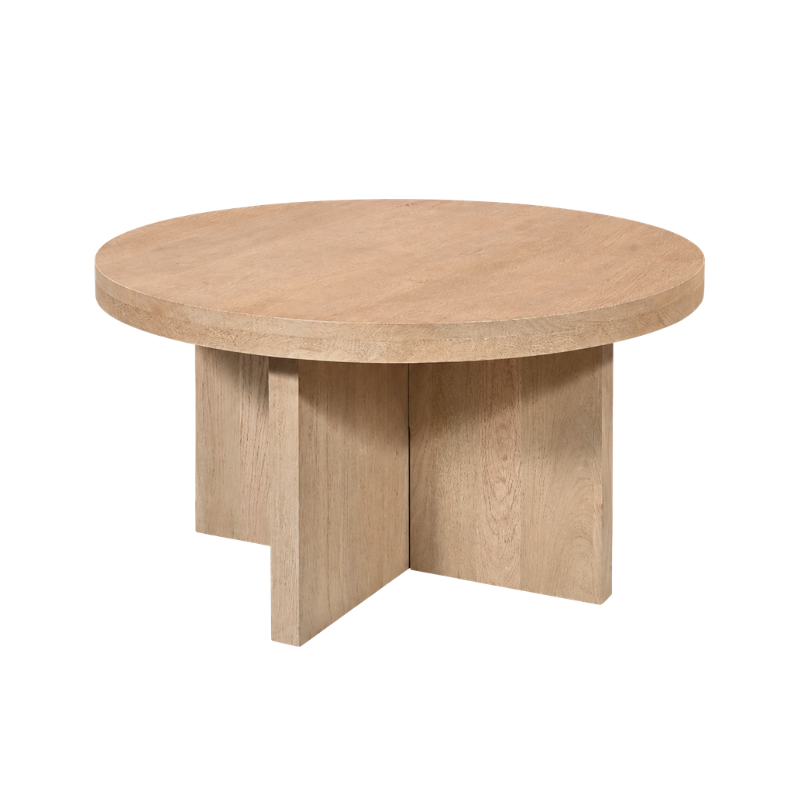 Modern Round Wooden Coffee Table with Sculptural Cross Base | Natural Oak Finish