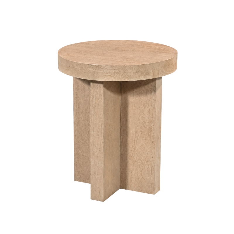 Modern Round Wooden Side Table with Sculptural Cross Base | Natural Oak Finish