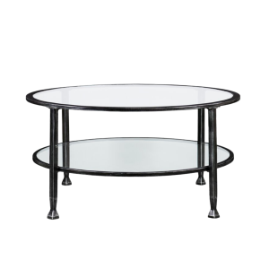 Round Glass Coffee Table with Double Shelf & Black Metal Frame