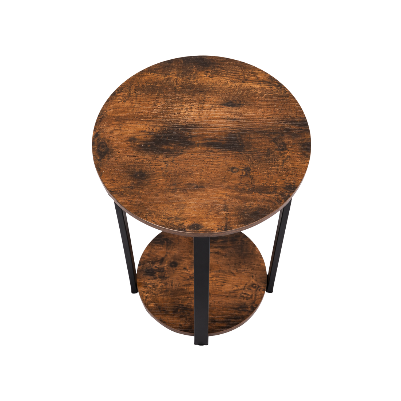 2-Tier Round Side Table | Rustic Brown Wood Finish & Black Metal Legs | Industrial End Table