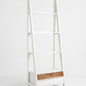 Modern Minimalist White Ladder Shelf with Natural Wood Accent Drawer